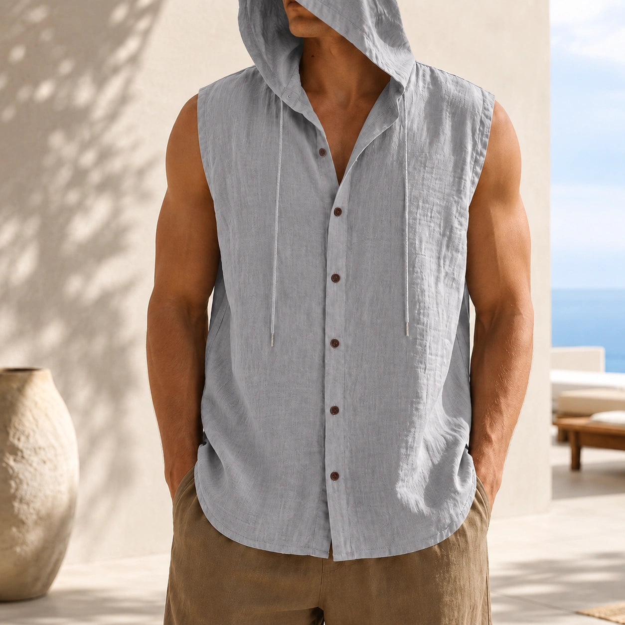 Mivanity Men's Linen Hooded Cardigan Tank Tops