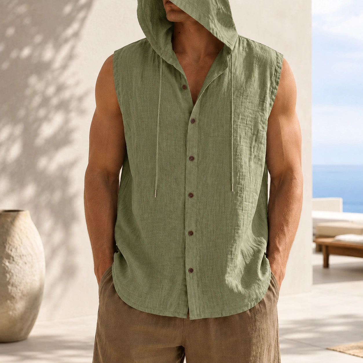 Mivanity Men's Linen Hooded Cardigan Tank Tops