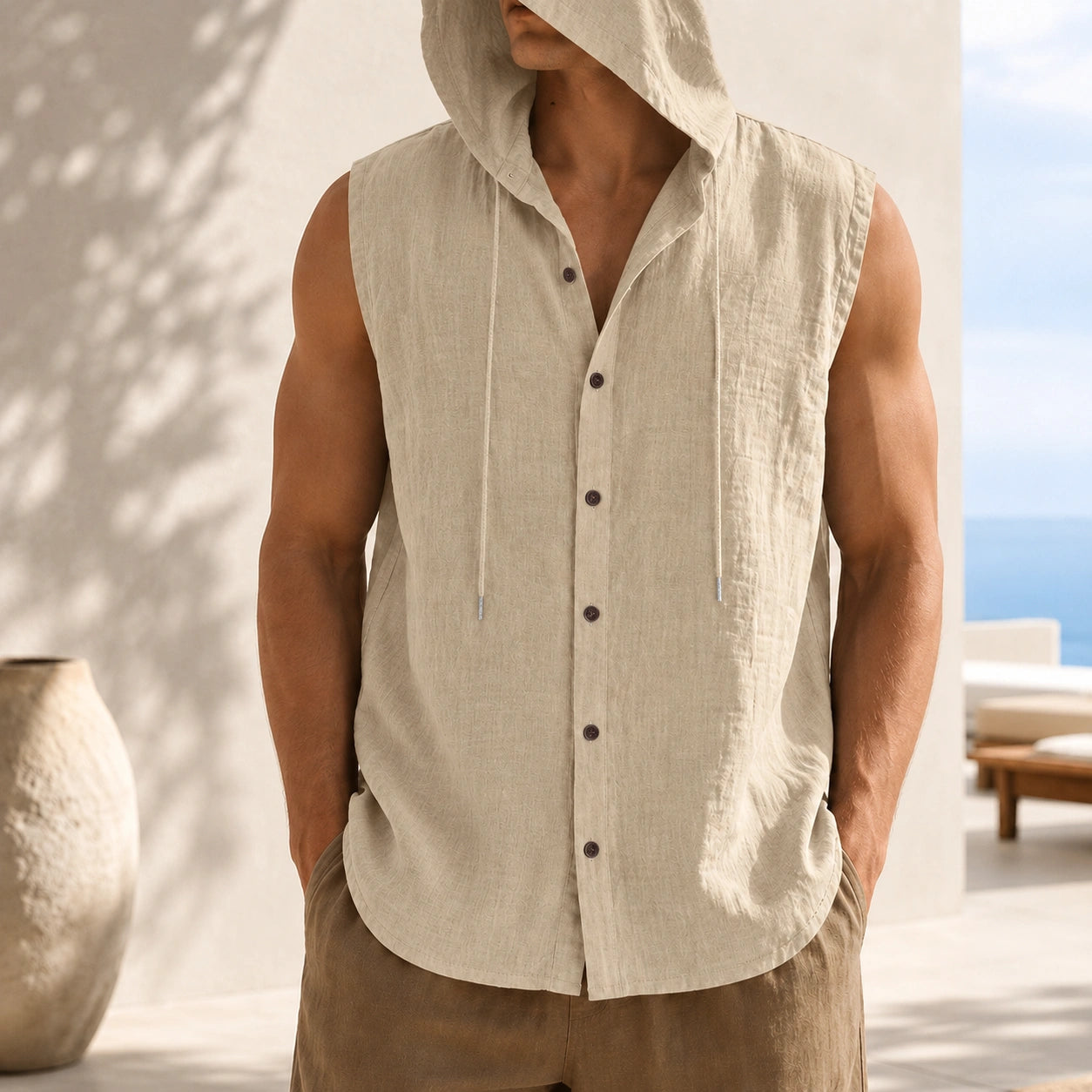 Mivanity Men's Linen Hooded Cardigan Tank Tops