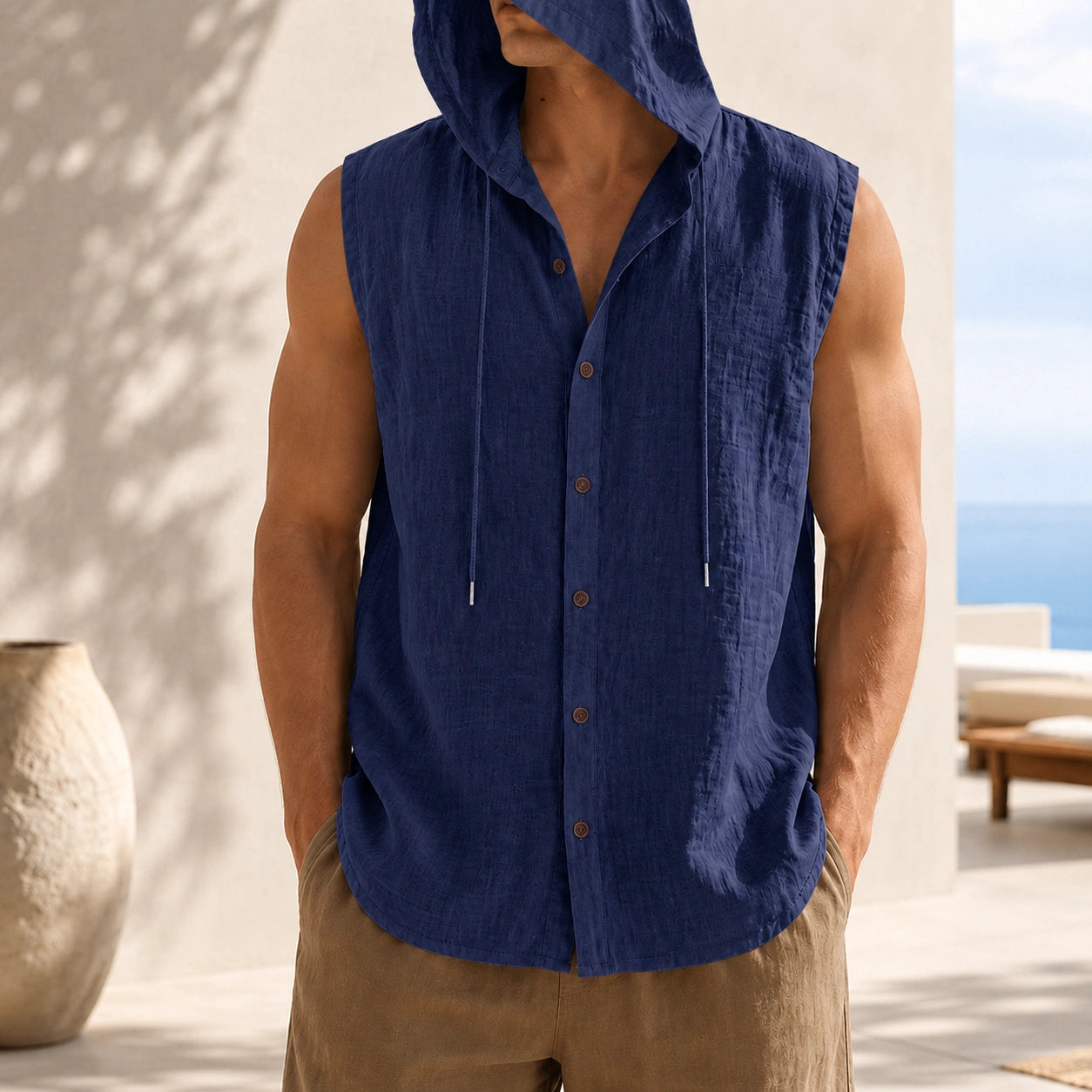 Mivanity Men's Linen Hooded Cardigan Tank Tops