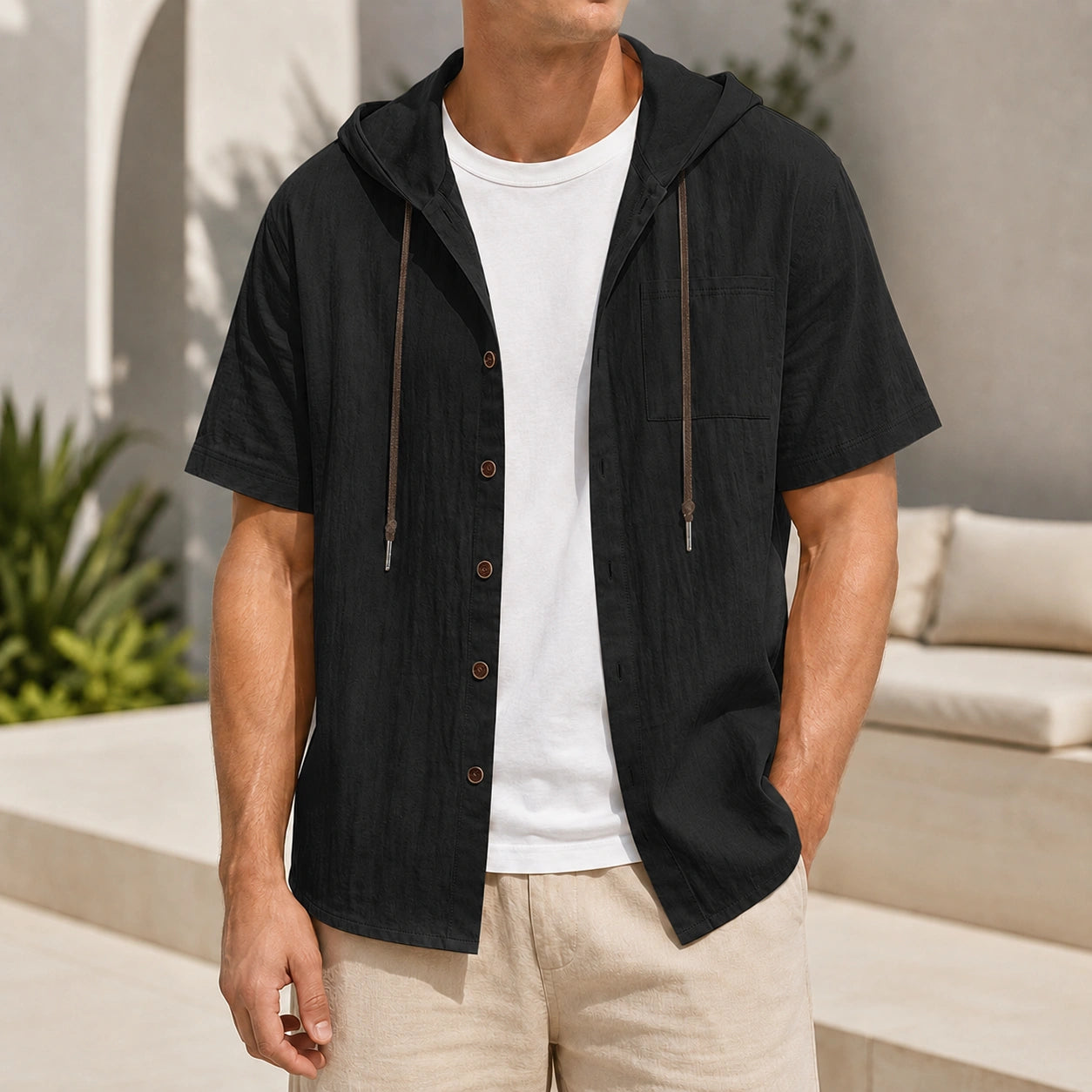 Mivanity Men's Linen Hooded Short-Sleeve Shirts