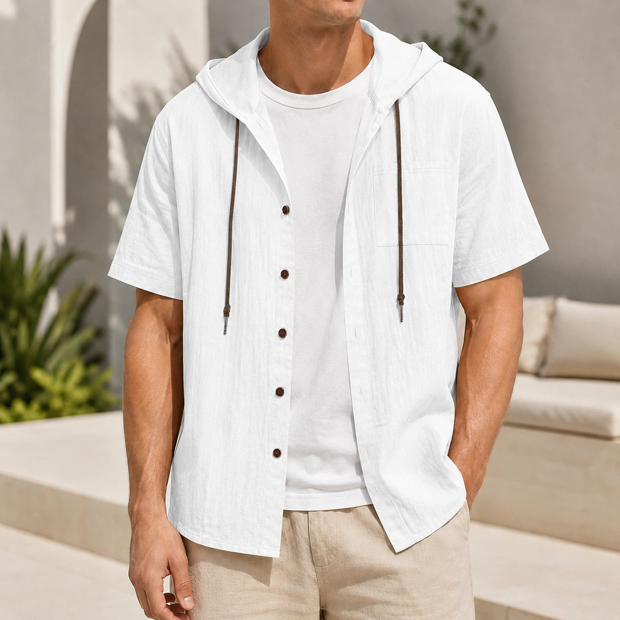 Mivanity Men's Linen Hooded Short-Sleeve Shirts