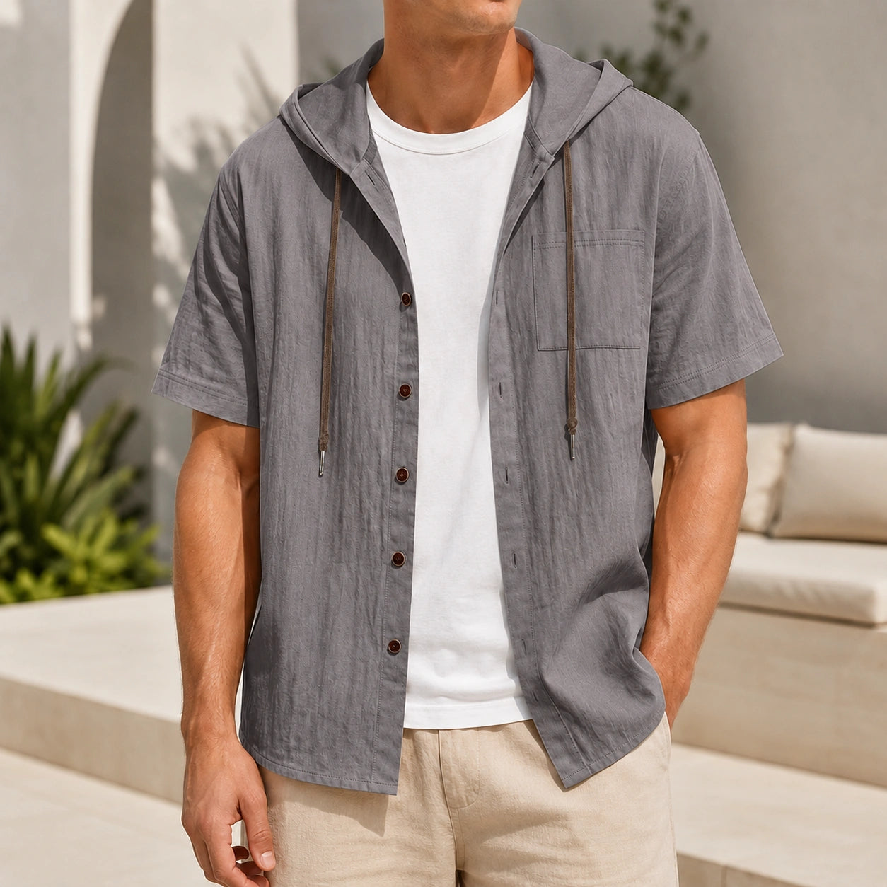 Mivanity Men's Linen Hooded Short-Sleeve Shirts