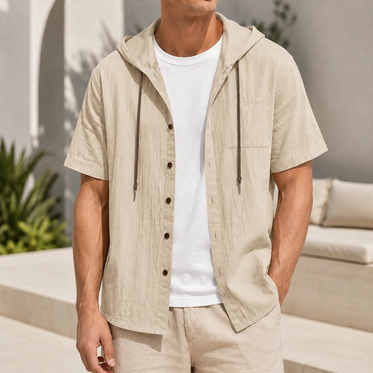 Mivanity Men's Linen Hooded Short-Sleeve Shirts