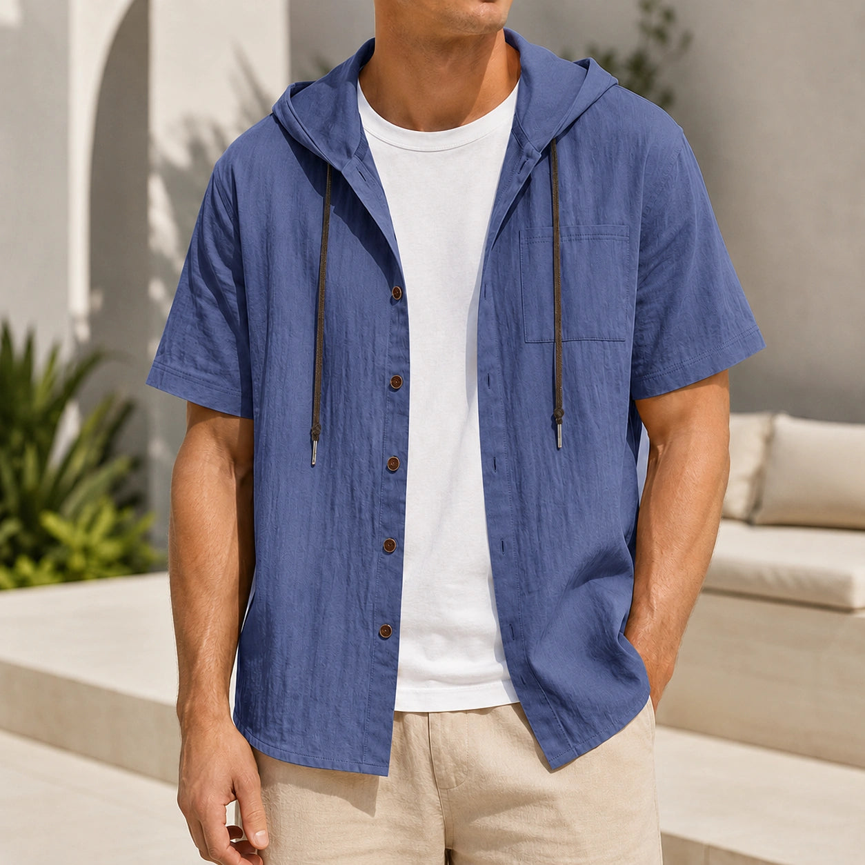 Mivanity Men's Linen Hooded Short-Sleeve Shirts