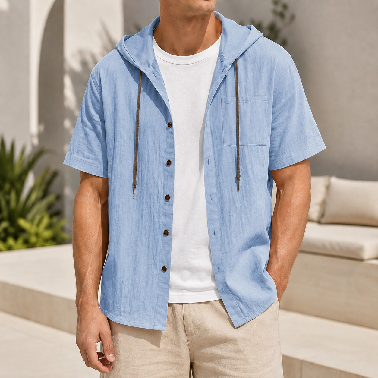 Mivanity Men's Linen Hooded Short-Sleeve Shirts