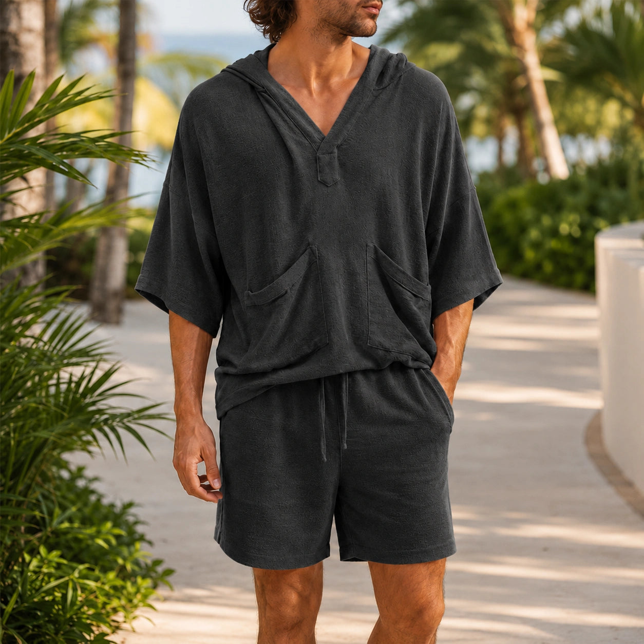 Mivanity Men's Linen Hooded Short-Sleeve T-Shirt Shorts 2-Piece Sets
