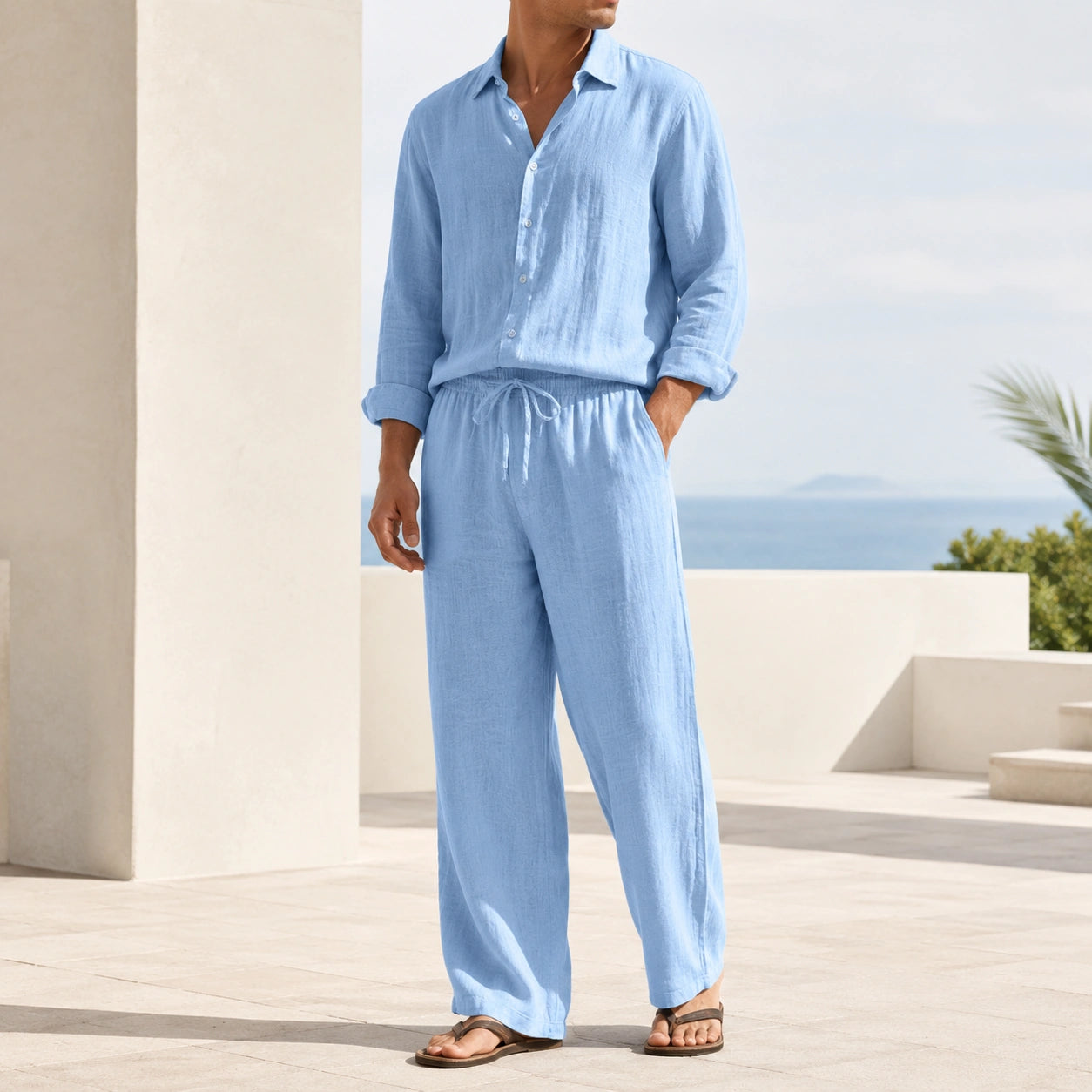 Mivanity Men's Linen Long-Sleeve Shirt Long Pants 2-Piece Sets