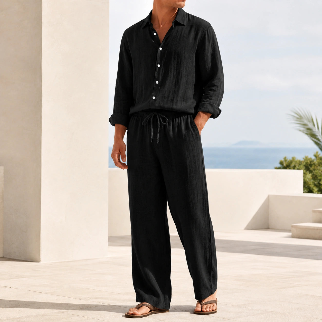 Mivanity Men's Linen Long-Sleeve Shirt Long Pants 2-Piece Sets