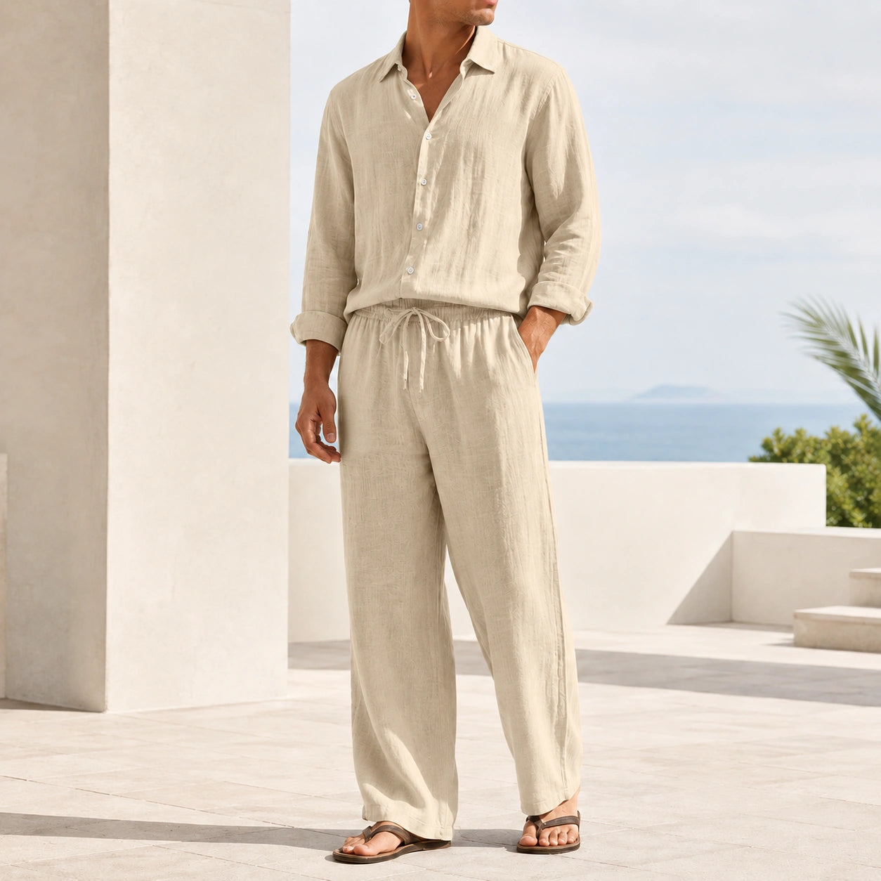 Mivanity Men's Linen Long-Sleeve Shirt Long Pants 2-Piece Sets