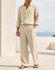 Mivanity Men's Linen Long-Sleeve Shirt Long Pants 2-Piece Sets