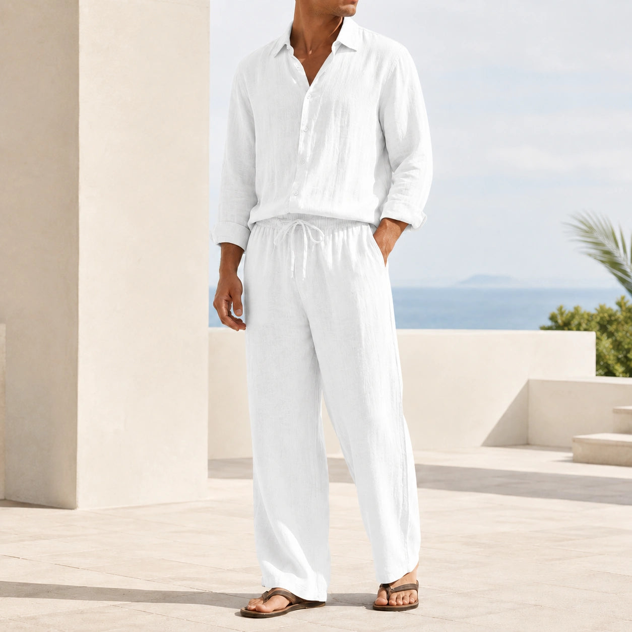Mivanity Men's Linen Long-Sleeve Shirt Long Pants 2-Piece Sets