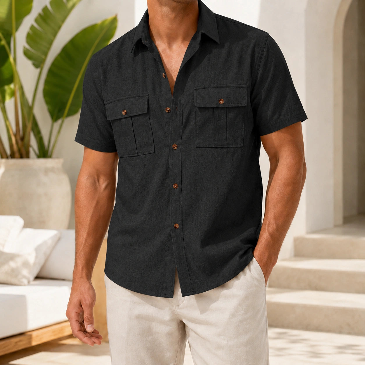 Mivanity Men's Linen Short-Sleeve Cardigan Loose Fit Shirts
