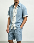 Mivanity Men's Linen Short-Sleeve Shirt Shorts 2-Piece Summer Sets