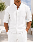Mivanity Men's Linen Stand Collar Cardigan Shirts