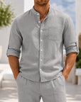 Mivanity Men's Linen Stand Collar Cardigan Shirts