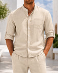 Mivanity Men's Linen Stand Collar Cardigan Shirts