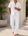 Mivanity Men's Linen Turndown Collar Short Sleeve Shirt Linen Pants 2-Piece Casual Sets