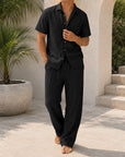 Mivanity Men's Linen Turndown Collar Short Sleeve Shirt Linen Pants 2-Piece Casual Sets