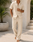 Mivanity Men's Linen Turndown Collar Short Sleeve Shirt Linen Pants 2-Piece Casual Sets