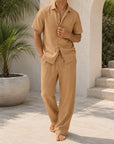 Mivanity Men's Linen Turndown Collar Short Sleeve Shirt Linen Pants 2-Piece Casual Sets