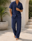Mivanity Men's Linen Turndown Collar Short Sleeve Shirt Linen Pants 2-Piece Casual Sets
