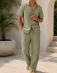 Mivanity Men's Linen Turndown Collar Short Sleeve Shirt Linen Pants 2-Piece Casual Sets