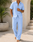 Mivanity Men's Linen Turndown Collar Short Sleeve Shirt Linen Pants 2-Piece Casual Sets