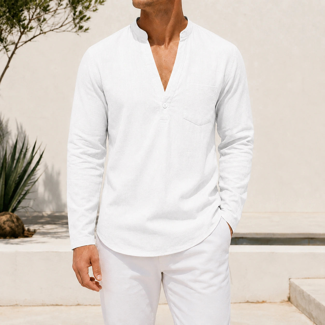 Mivanity Men's Linen V-Neck Long-Sleeve Shirts