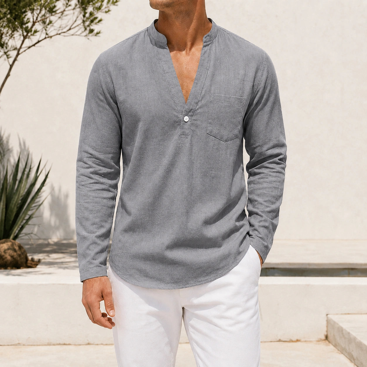 Mivanity Men's Linen V-Neck Long-Sleeve Shirts