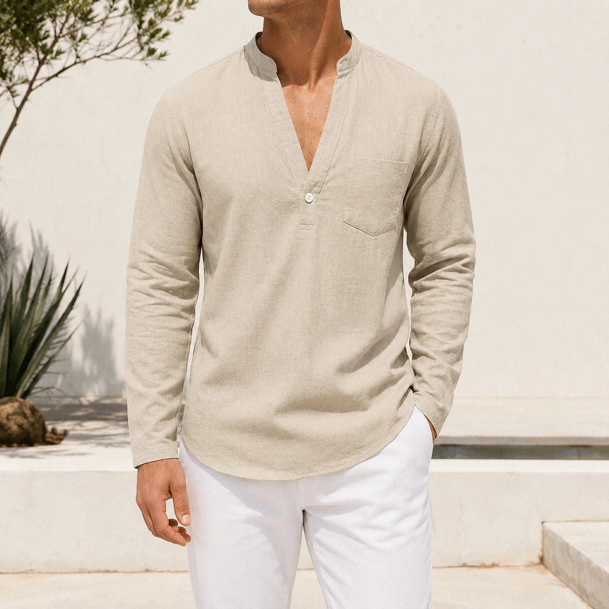 Mivanity Men's Linen V-Neck Long-Sleeve Shirts