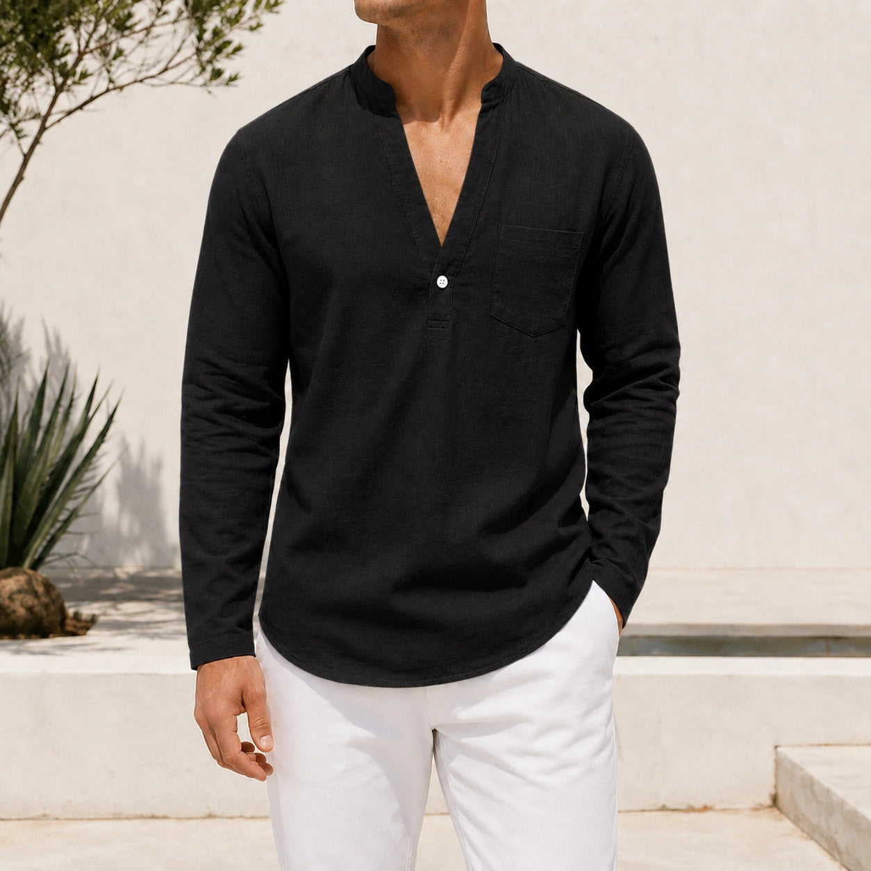 Mivanity Men's Linen V-Neck Long-Sleeve Shirts