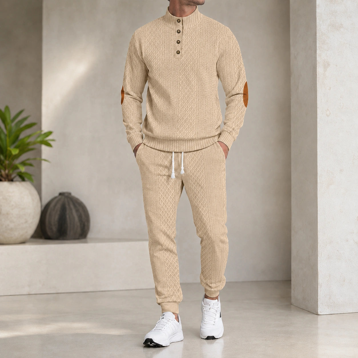 Mivanity Men's Long-Sleeve Knit Top Jogger Pants 2-Piece Sports Sets