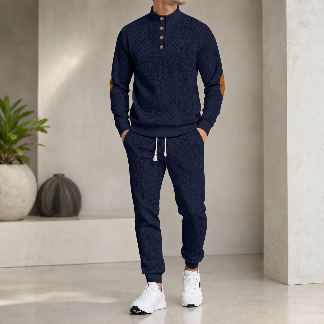 Mivanity Men's Long-Sleeve Knit Top Jogger Pants 2-Piece Sports Sets