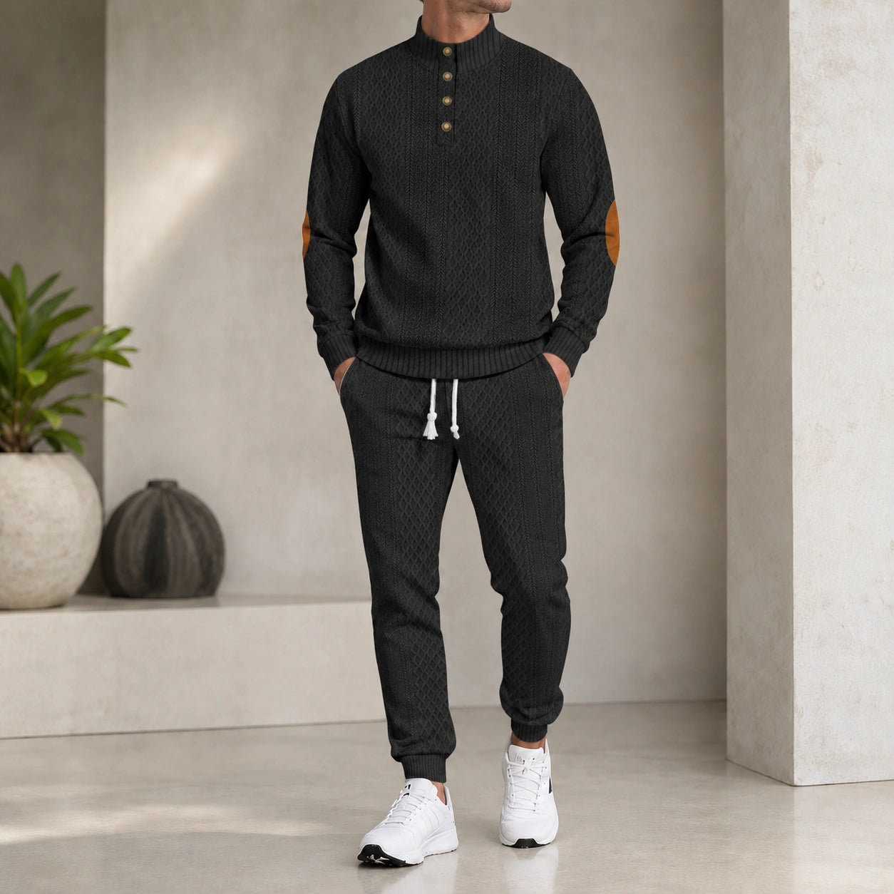 Mivanity Men's Long-Sleeve Knit Top Jogger Pants 2-Piece Sports Sets