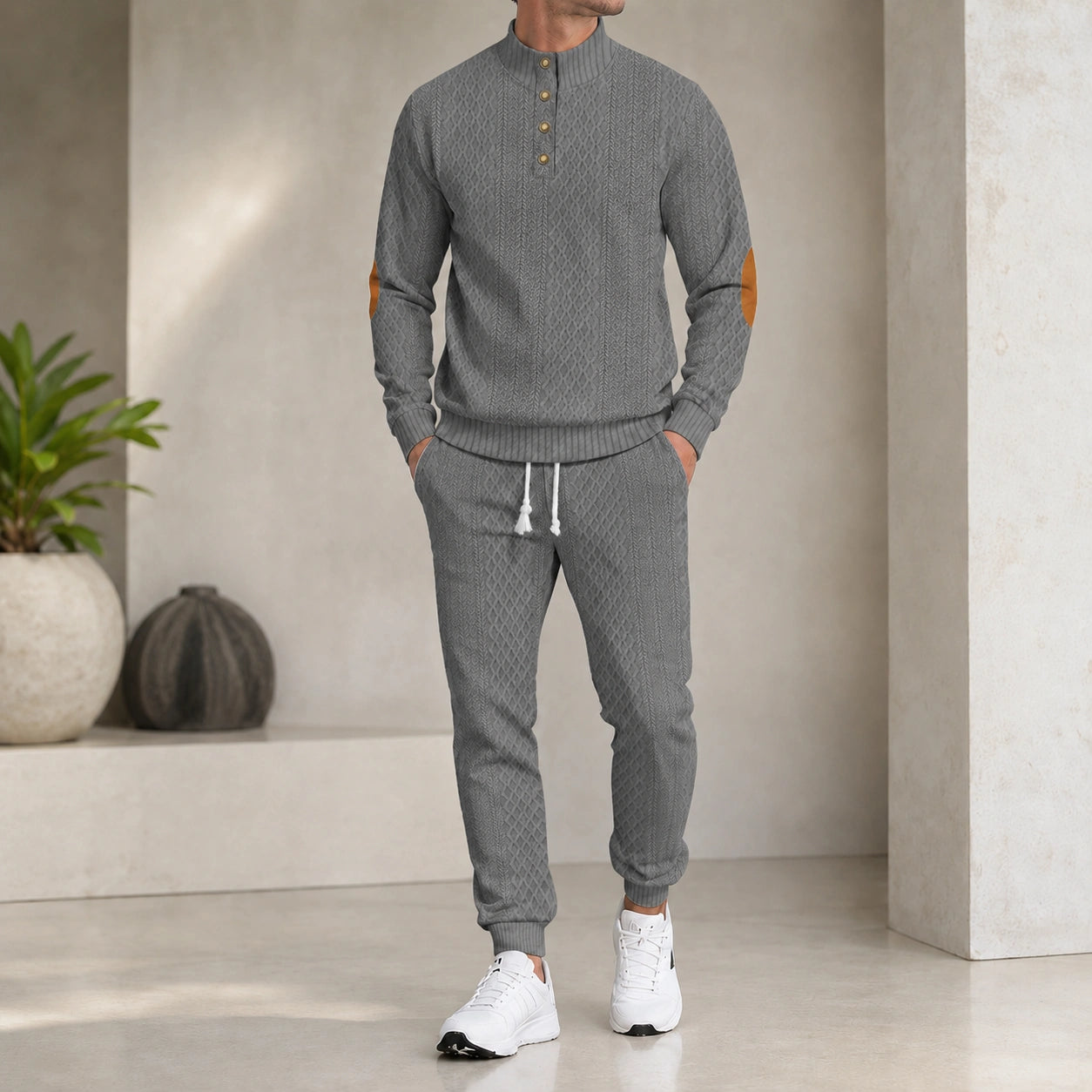 Mivanity Men's Long-Sleeve Knit Top Jogger Pants 2-Piece Sports Sets