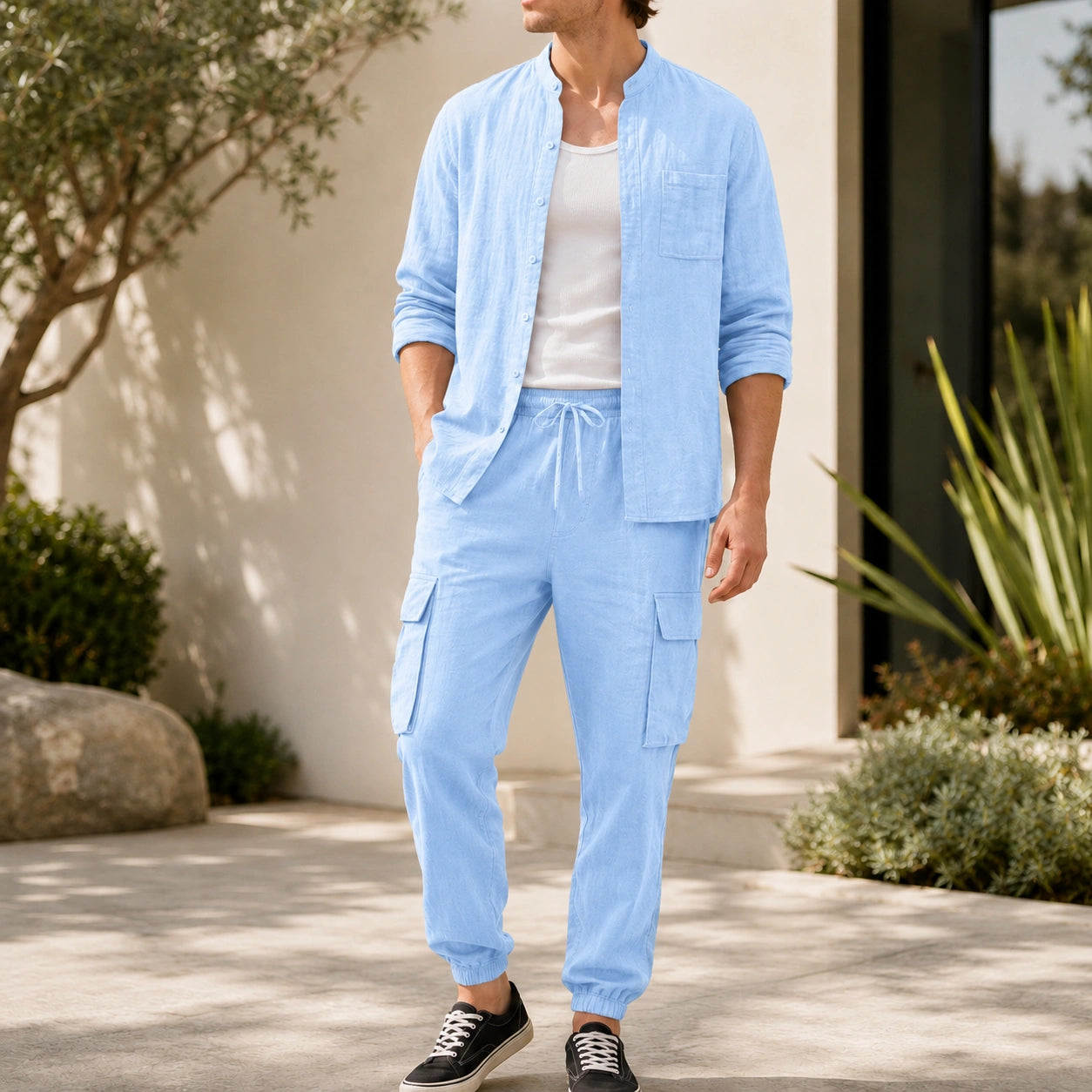 Mivanity Men's Loose-Fit Button-Front Shirt Pants Sets