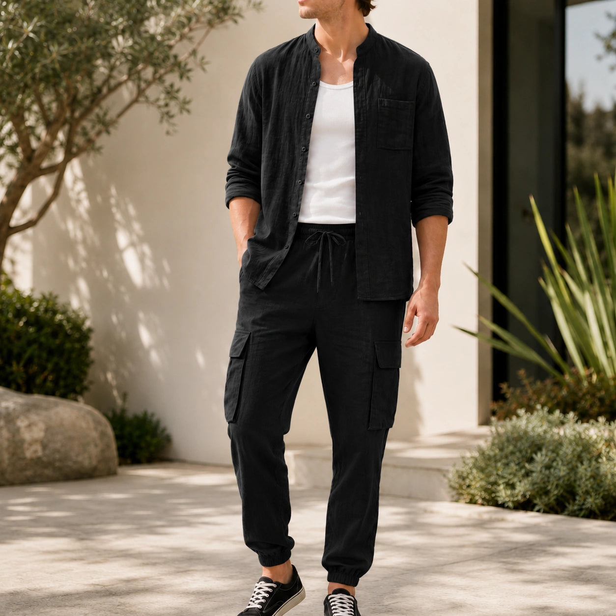 Mivanity Men's Loose-Fit Button-Front Shirt Pants Sets