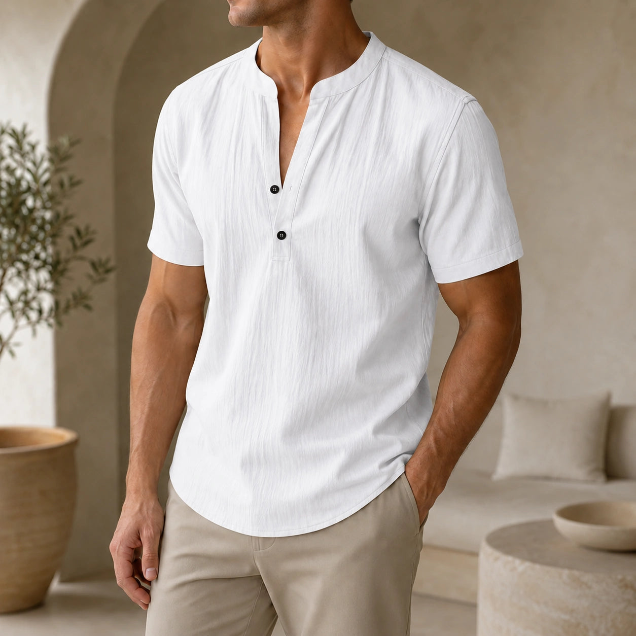 Mivanity Men's Loose-Fit Linen Stand Collar Short-Sleeve T-Shirts
