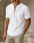 Mivanity Men's Loose-Fit Linen Stand Collar Short-Sleeve T-Shirts