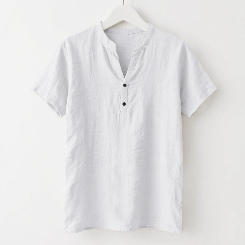 Mivanity Men's Loose-Fit Linen Stand Collar Short-Sleeve T-Shirts