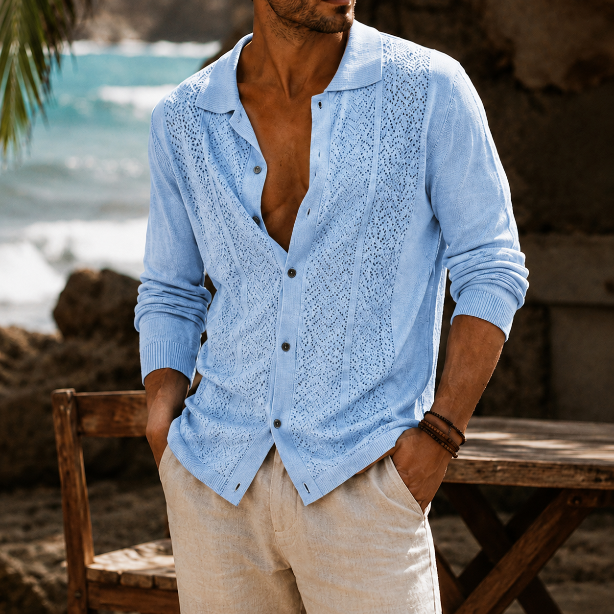 Mivanity Men's Openwork Knit Long Sleeve Button Front Shirt Lightweight Casual Resort Cardigan