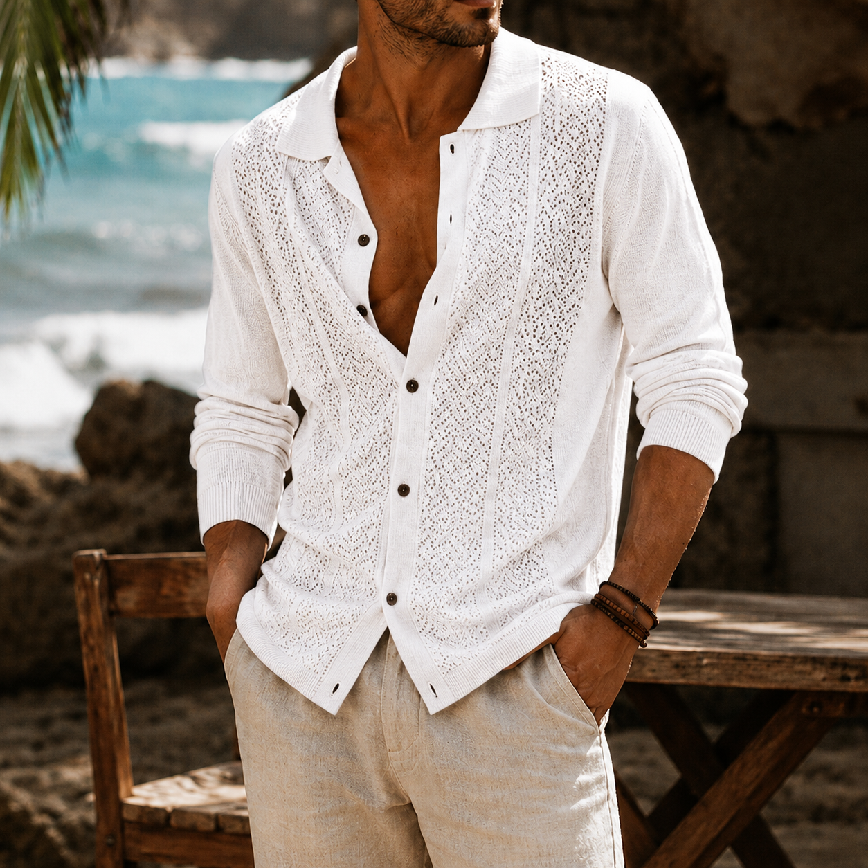 Mivanity Men's Openwork Knit Long Sleeve Button Front Shirt Lightweight Casual Resort Cardigan