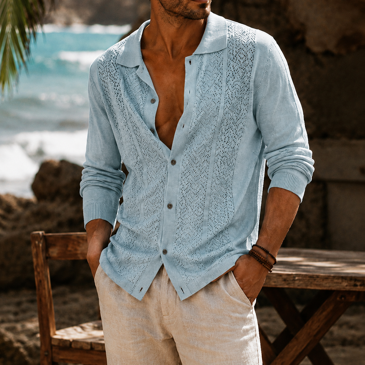 Mivanity Men's Openwork Knit Long Sleeve Button Front Shirt Lightweight Casual Resort Cardigan
