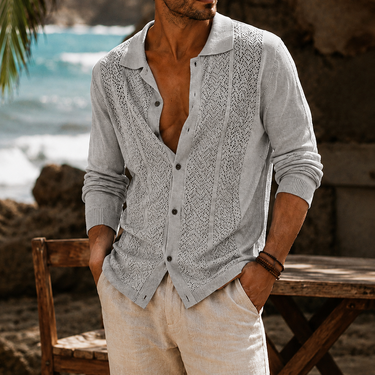 Mivanity Men's Openwork Knit Long Sleeve Button Front Shirt Lightweight Casual Resort Cardigan