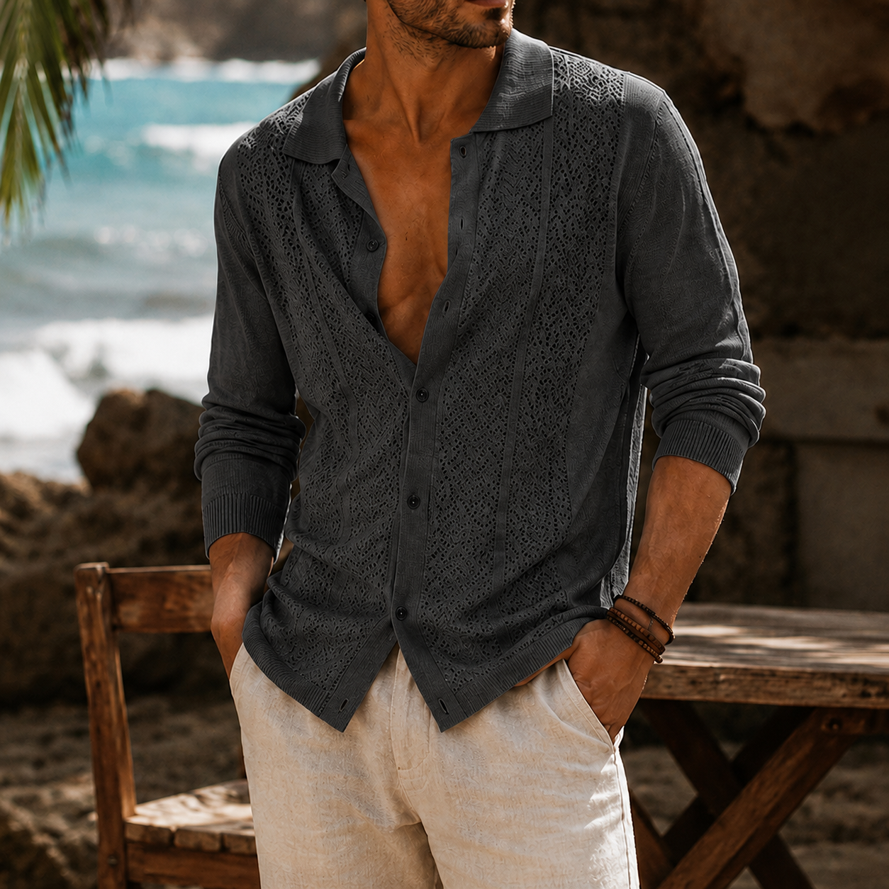 Mivanity Men's Openwork Knit Long Sleeve Button Front Shirt Lightweight Casual Resort Cardigan