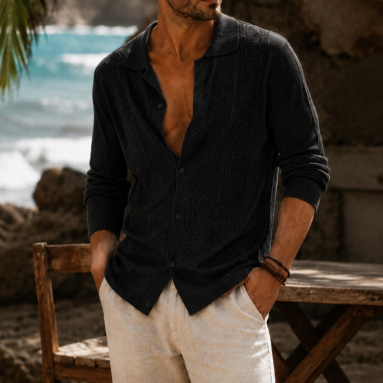 Mivanity Men's Openwork Knit Long Sleeve Button Front Shirt Lightweight Casual Resort Cardigan
