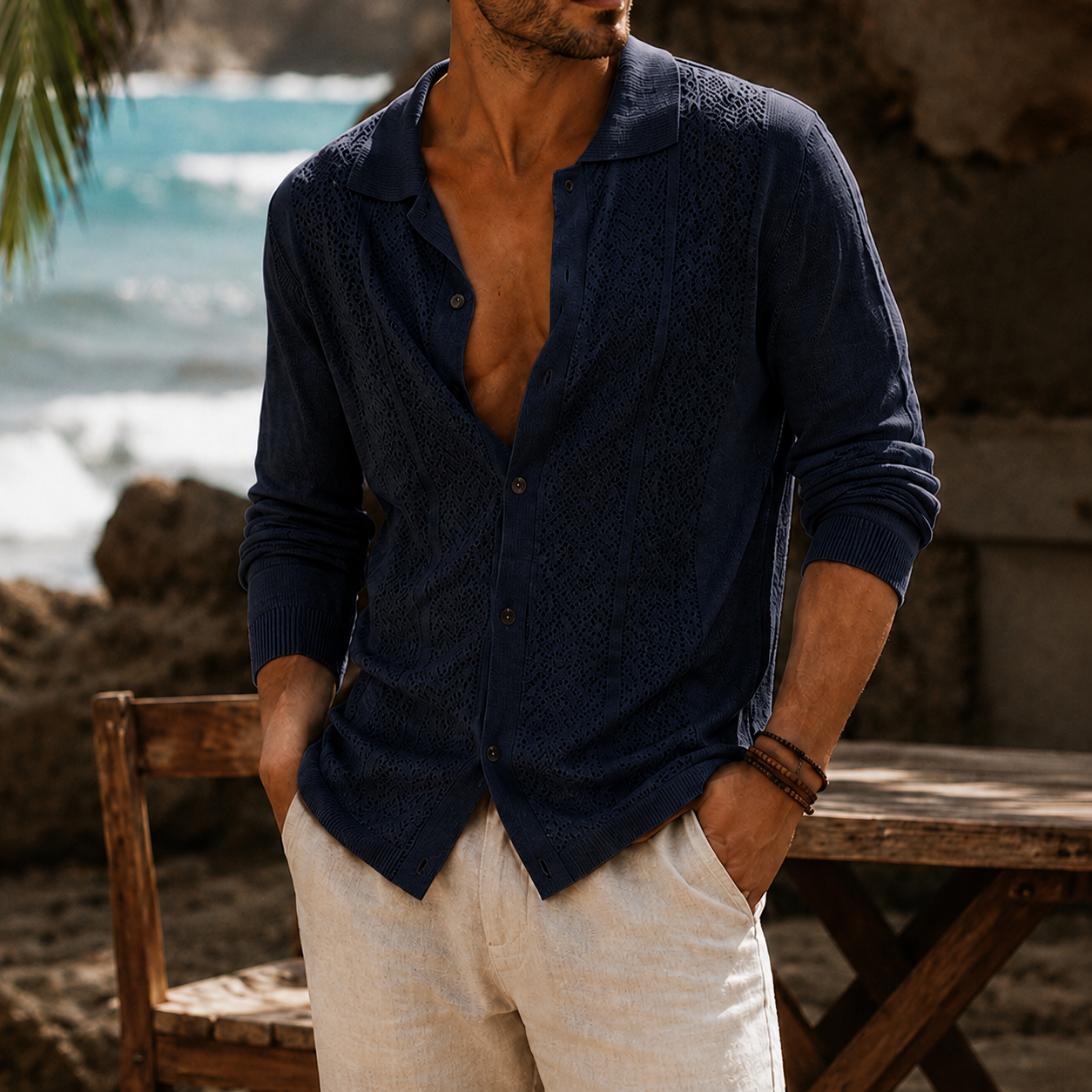 Mivanity Men's Openwork Knit Long Sleeve Button Front Shirt Lightweight Casual Resort Cardigan