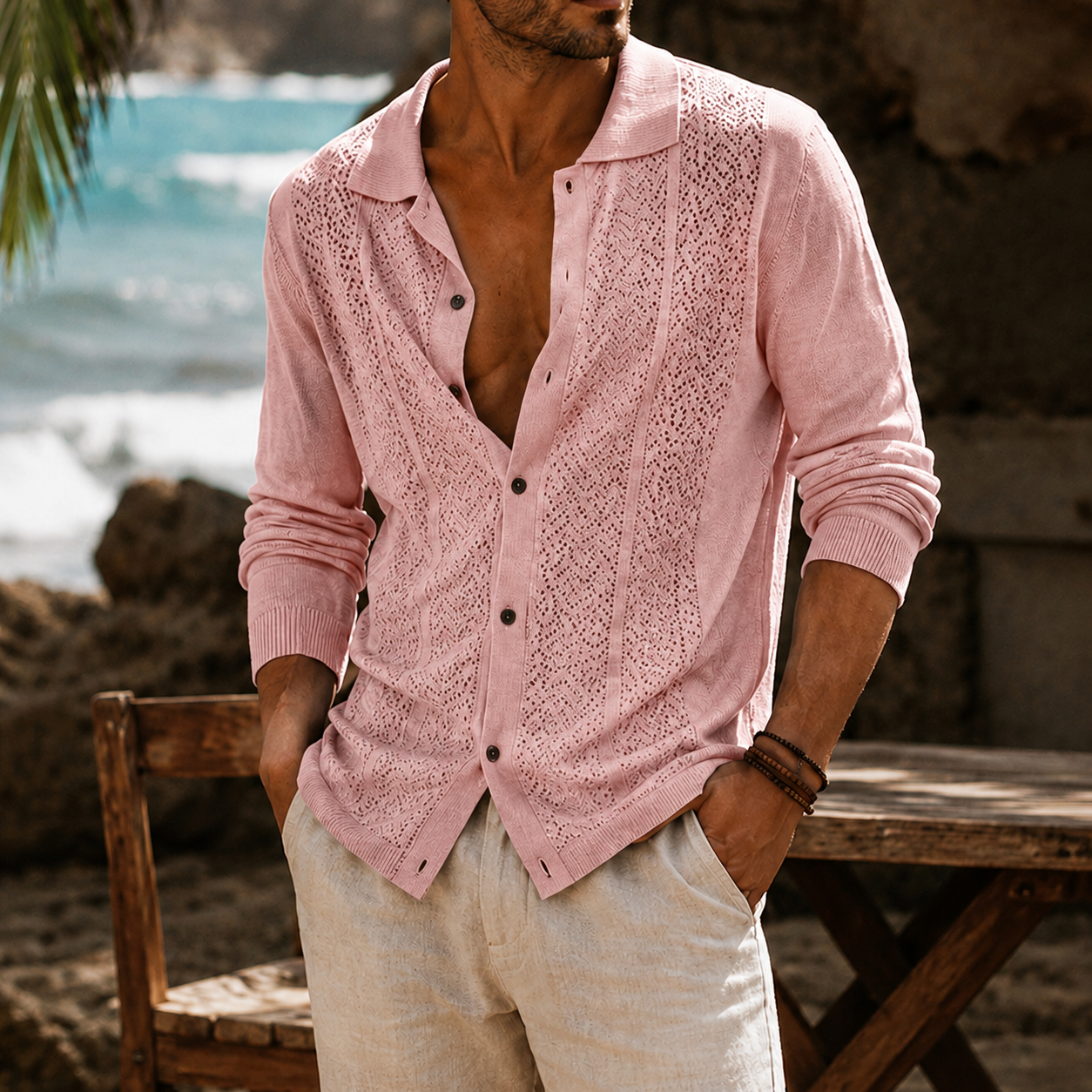 Mivanity Men's Openwork Knit Long Sleeve Button Front Shirt Lightweight Casual Resort Cardigan