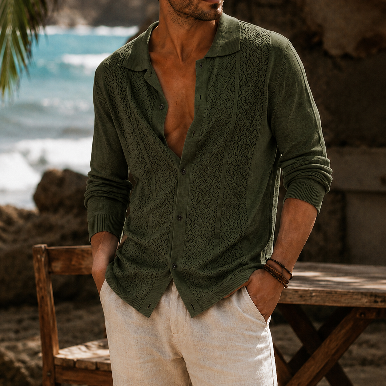 Mivanity Men's Openwork Knit Long Sleeve Button Front Shirt Lightweight Casual Resort Cardigan